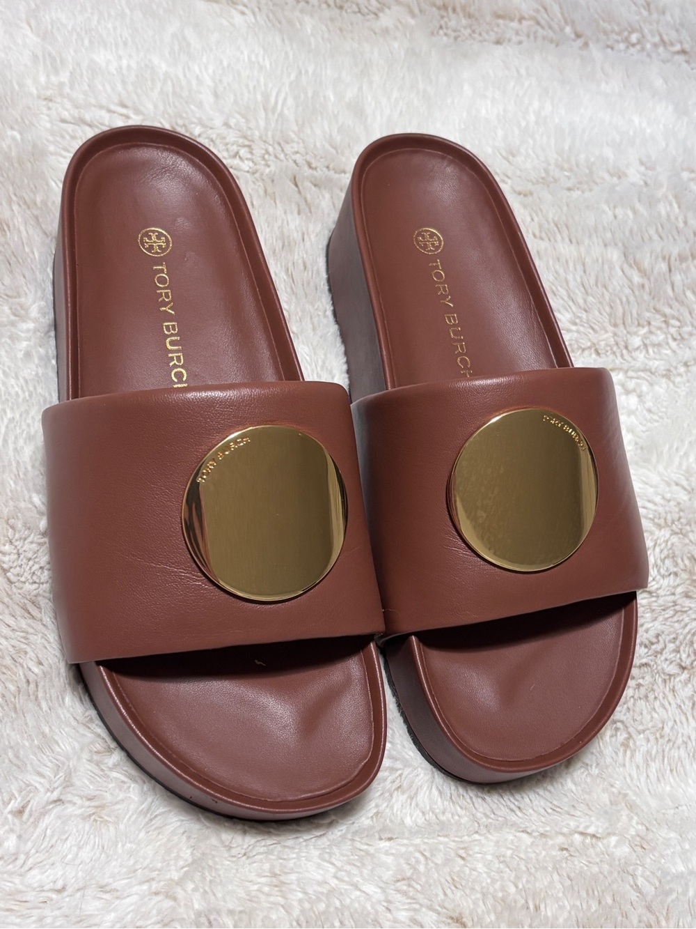 Tory Burch Women’s Burnt Cuoio Patos Slides in 9.5